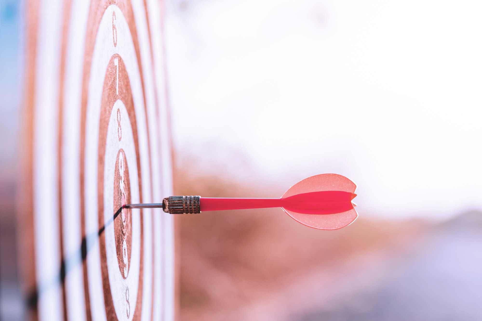 Close up red dart arrow hitting target center dartboard on sunset background. Business targeting and